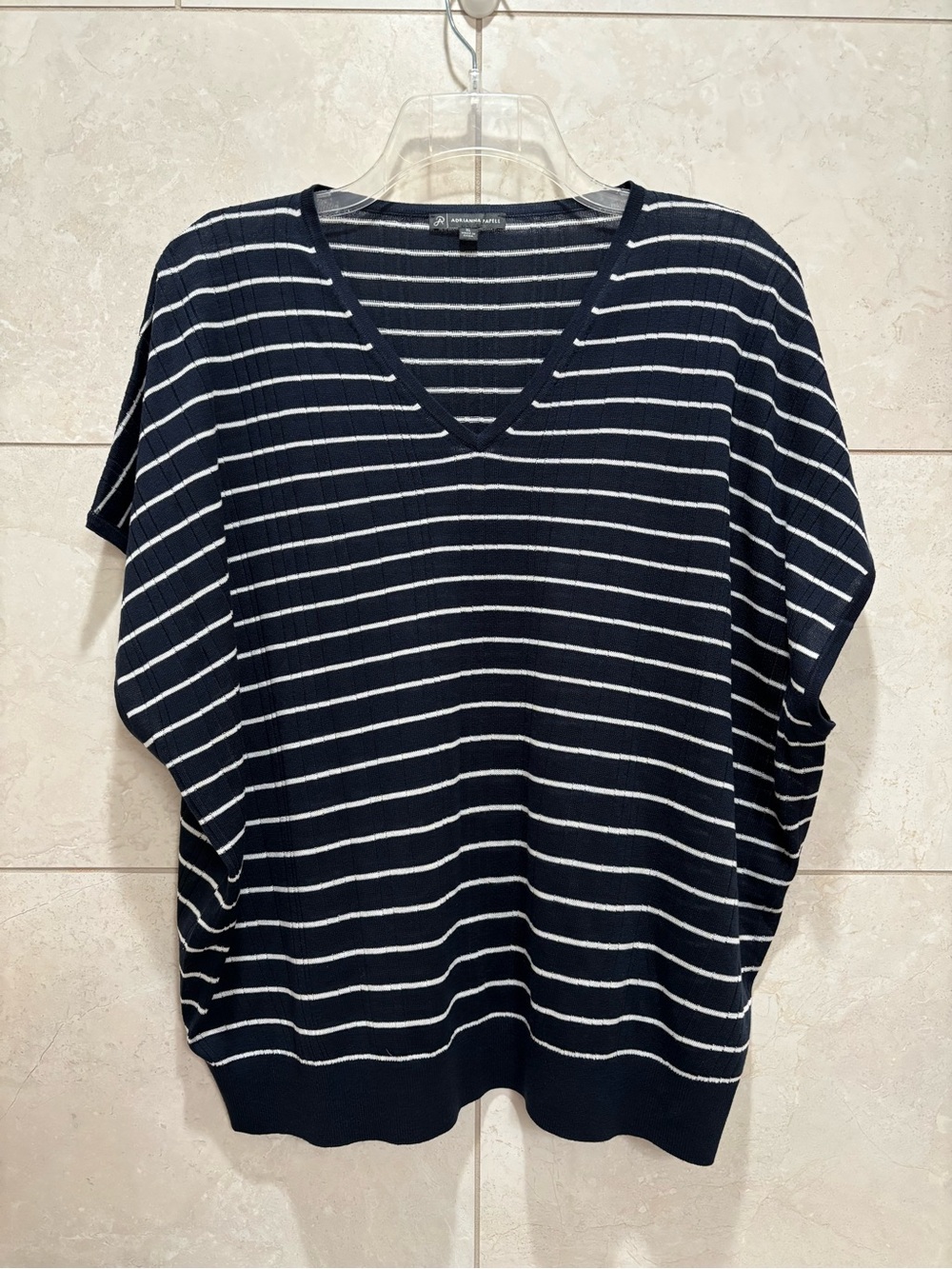 Adrianna Papell Navy & White Striped V-Neck knit top